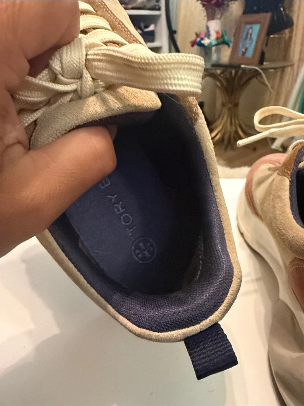 Tory Burch Pink, Beige & Tan Suede Platform Sneakers